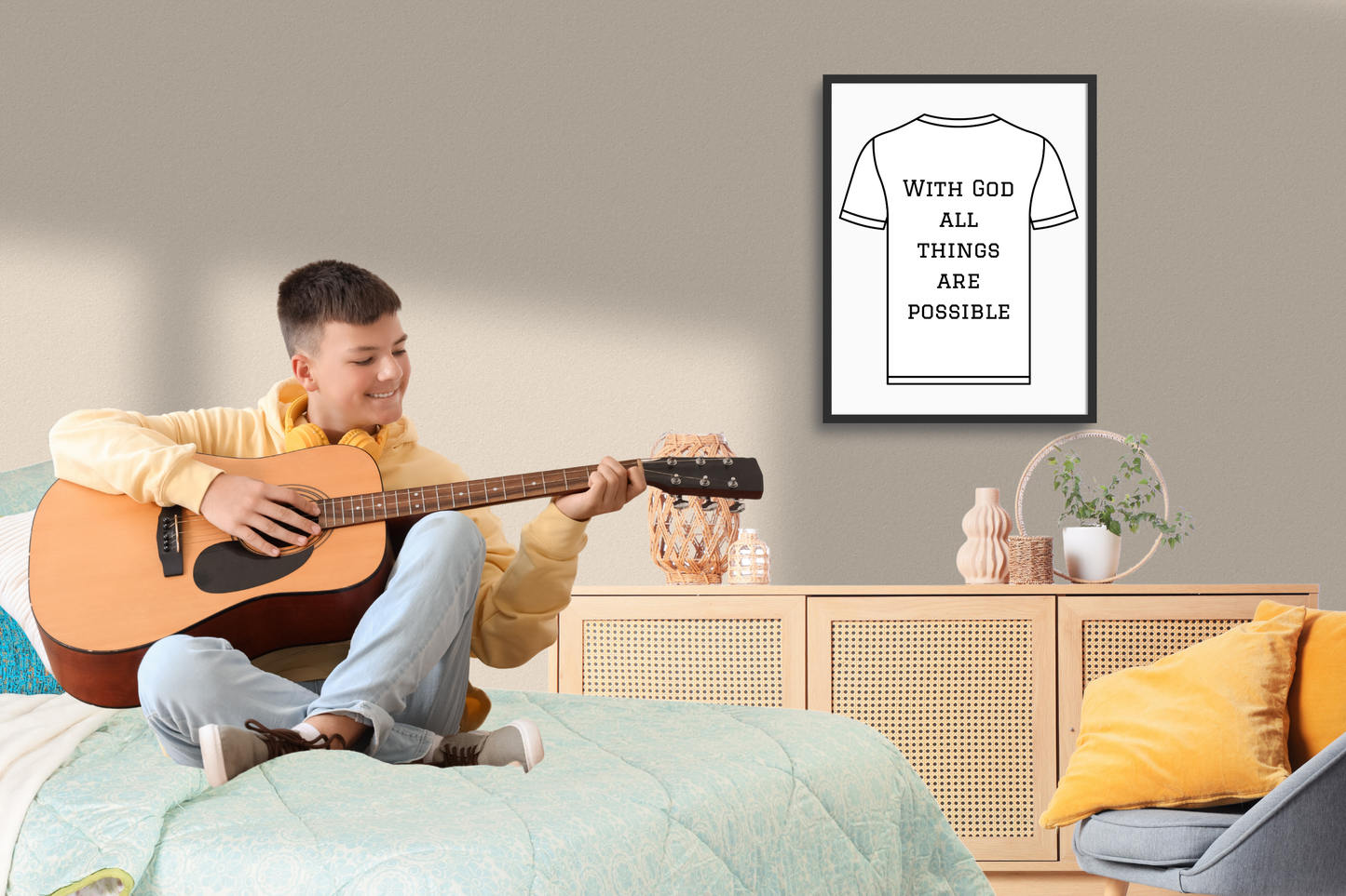 Motivational Christian wall art printable with “With God, All Things Are Possible” typography displayed in a calming bedroom setting.