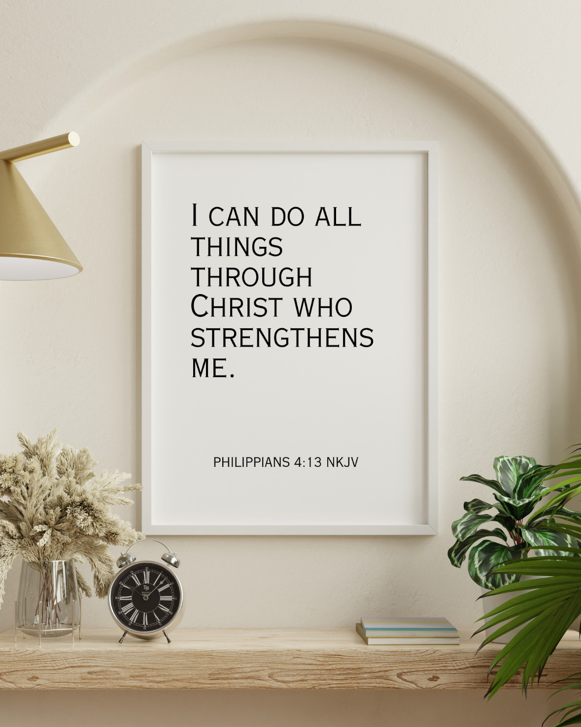 High-definition printable Philippians 4:13 Christian wall art decor shown in a bright, minimalist home setting.