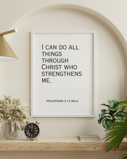 High-definition printable Philippians 4:13 Christian wall art decor shown in a bright, minimalist home setting.