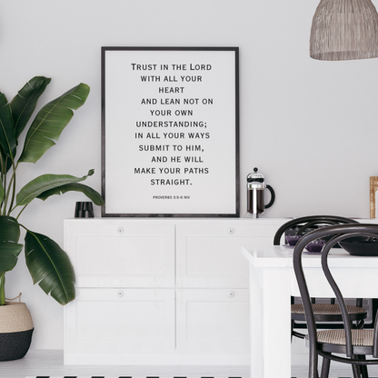 Christian scripture typography print with positive prayer quote displayed on a stylish home dining room