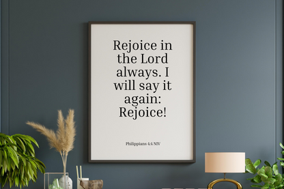 Philippians 4:4 Printable Wall Art – Christian Bible Verse Typography for Home & Office
