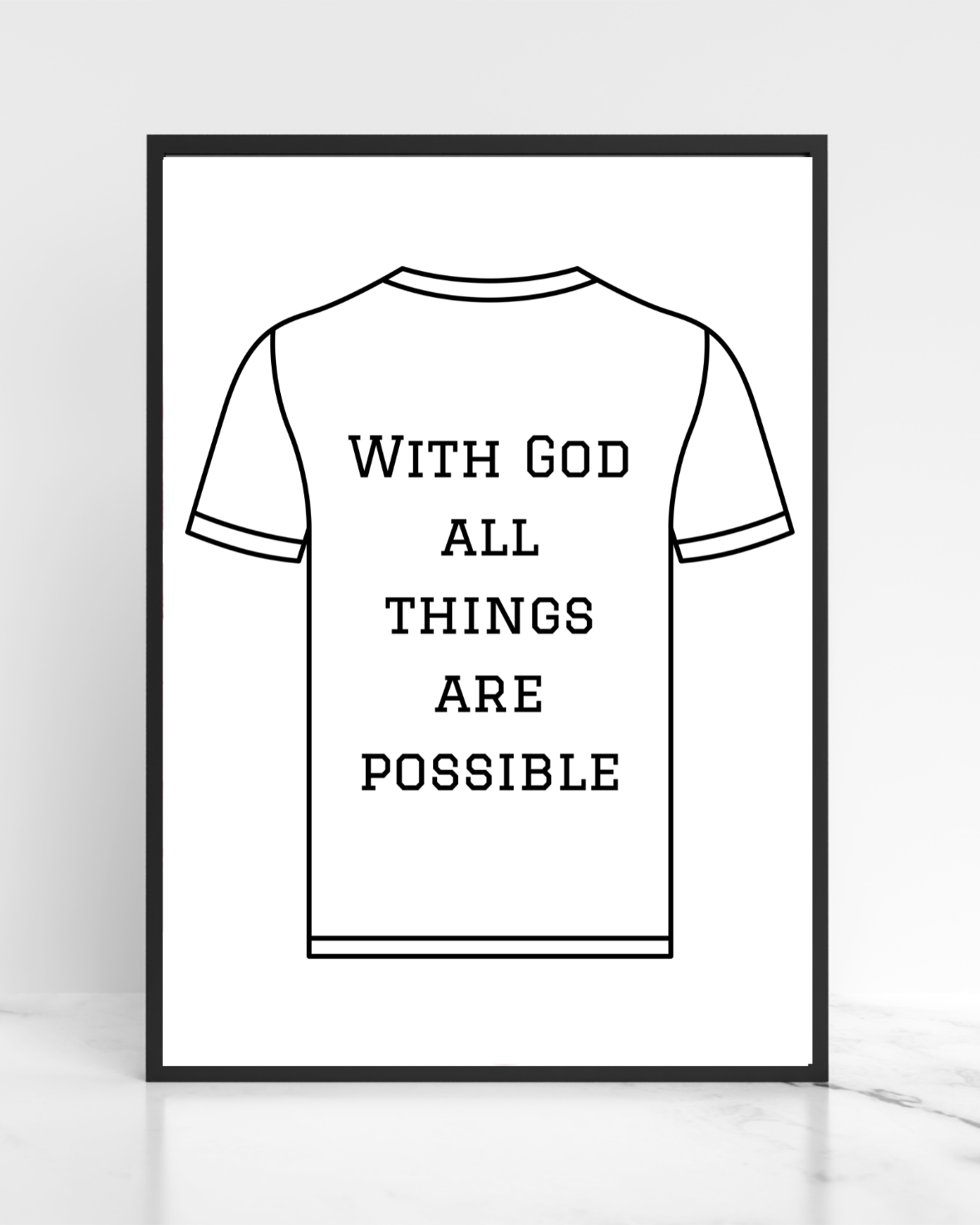 Faith-inspired printable wall art featuring “With God, All Things Are Possible” styled above a kitchen counter.