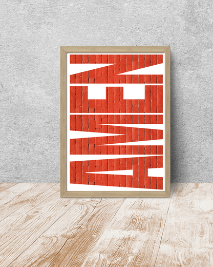 Minimalist AMEN typography print framed against a wall in a contemporary home interior