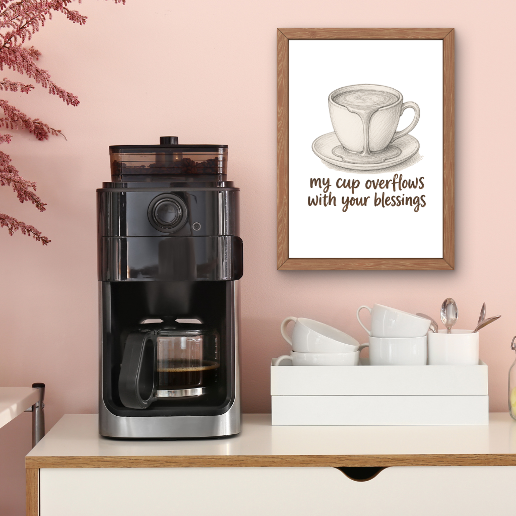 Neutral coffee cup printable art print styled above a coffee station