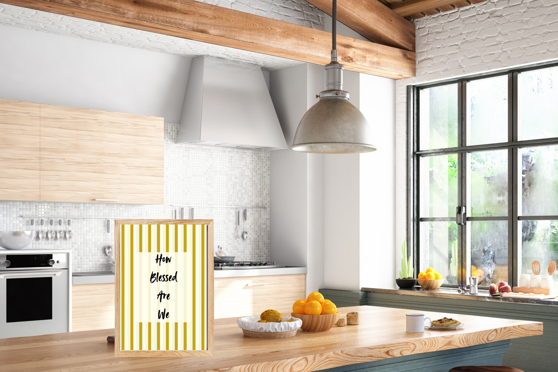 Modern farmhouse kitchen wall art printable in cream and mustard stripes