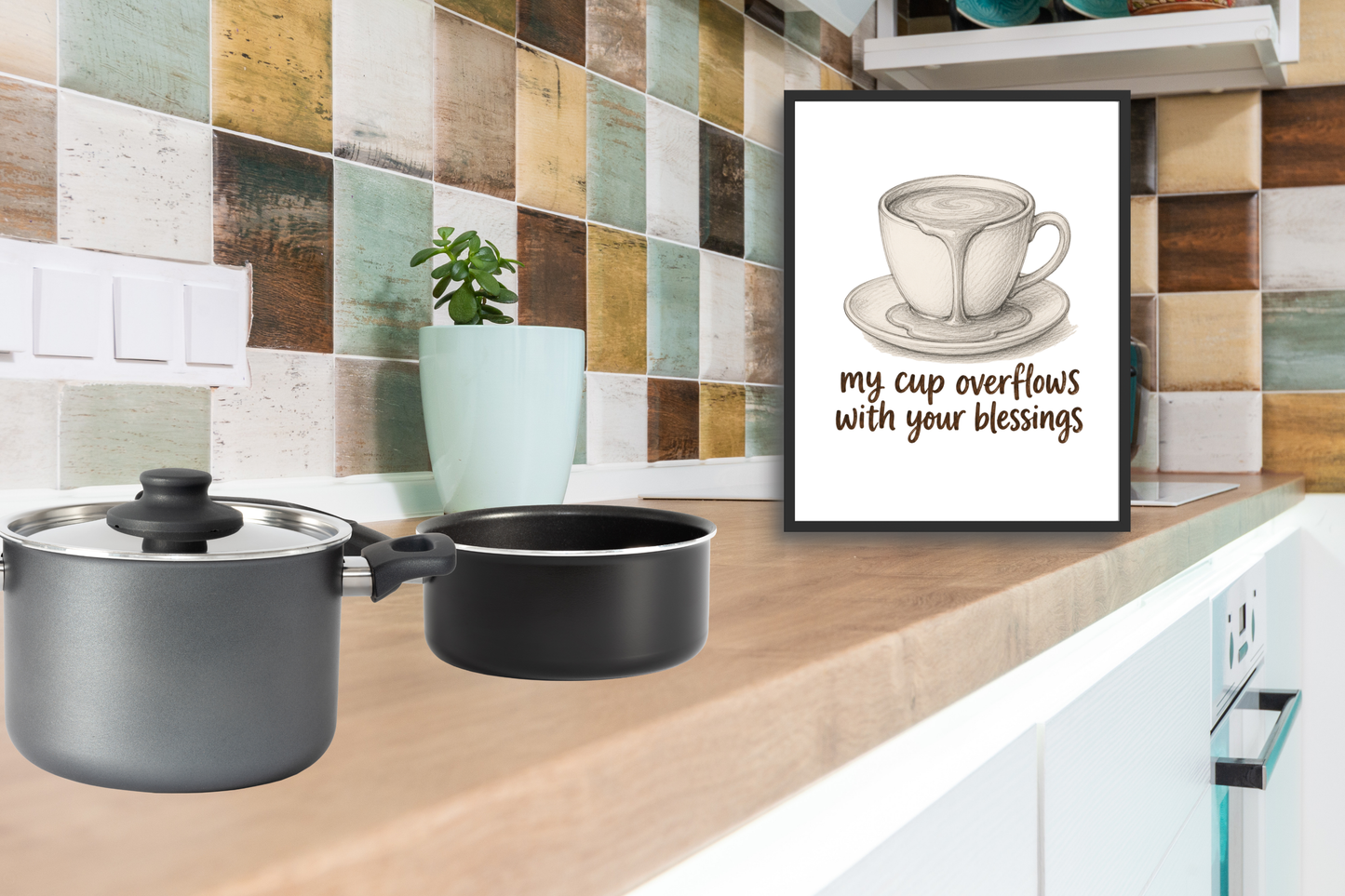 My Cup Overflows With Your Blessings printable wall art displayed in a modern kitchen